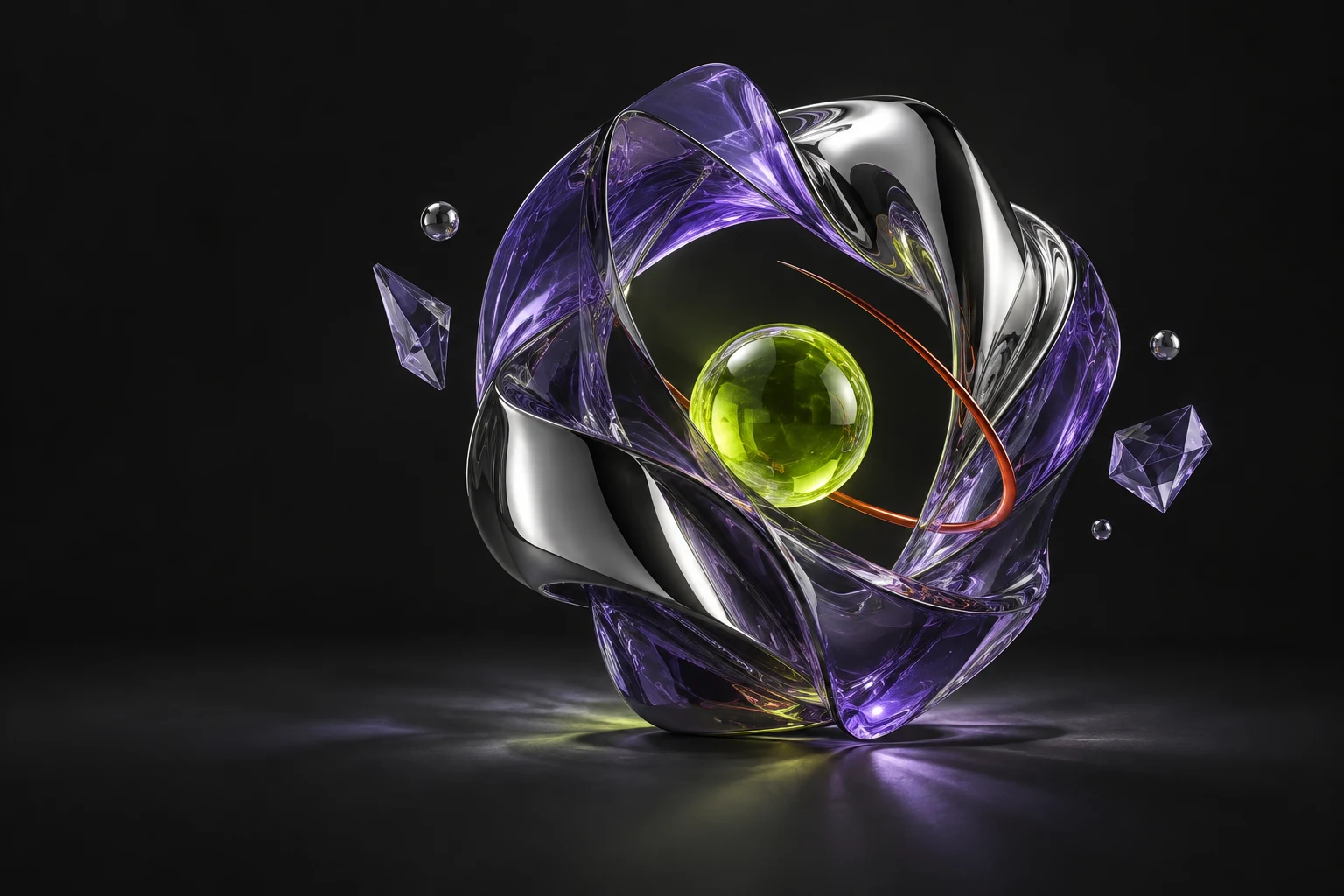 Abstraktes Agentur-Artwork aus violettem Glas, Chrom und leuchtender Kugel