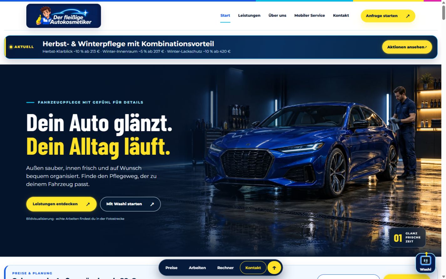 Veröffentlichte Startseite des fleißigen Autokosmetikers mit blauem Fahrzeug, Leistungsweg und gelben Schaltflächen