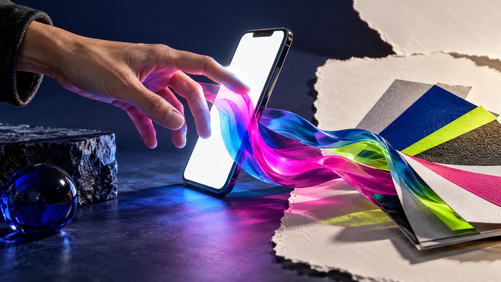 Hand berührt einen Smartphone-Bildschirm; ein transparentes Farbband verbindet ihn mit Papier und Farbmuster