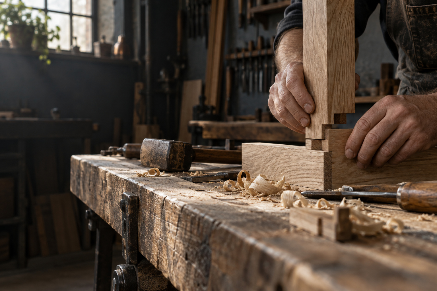 Neu erzeugtes Bild einer handwerklichen Holzverbindung auf einer Werkbank