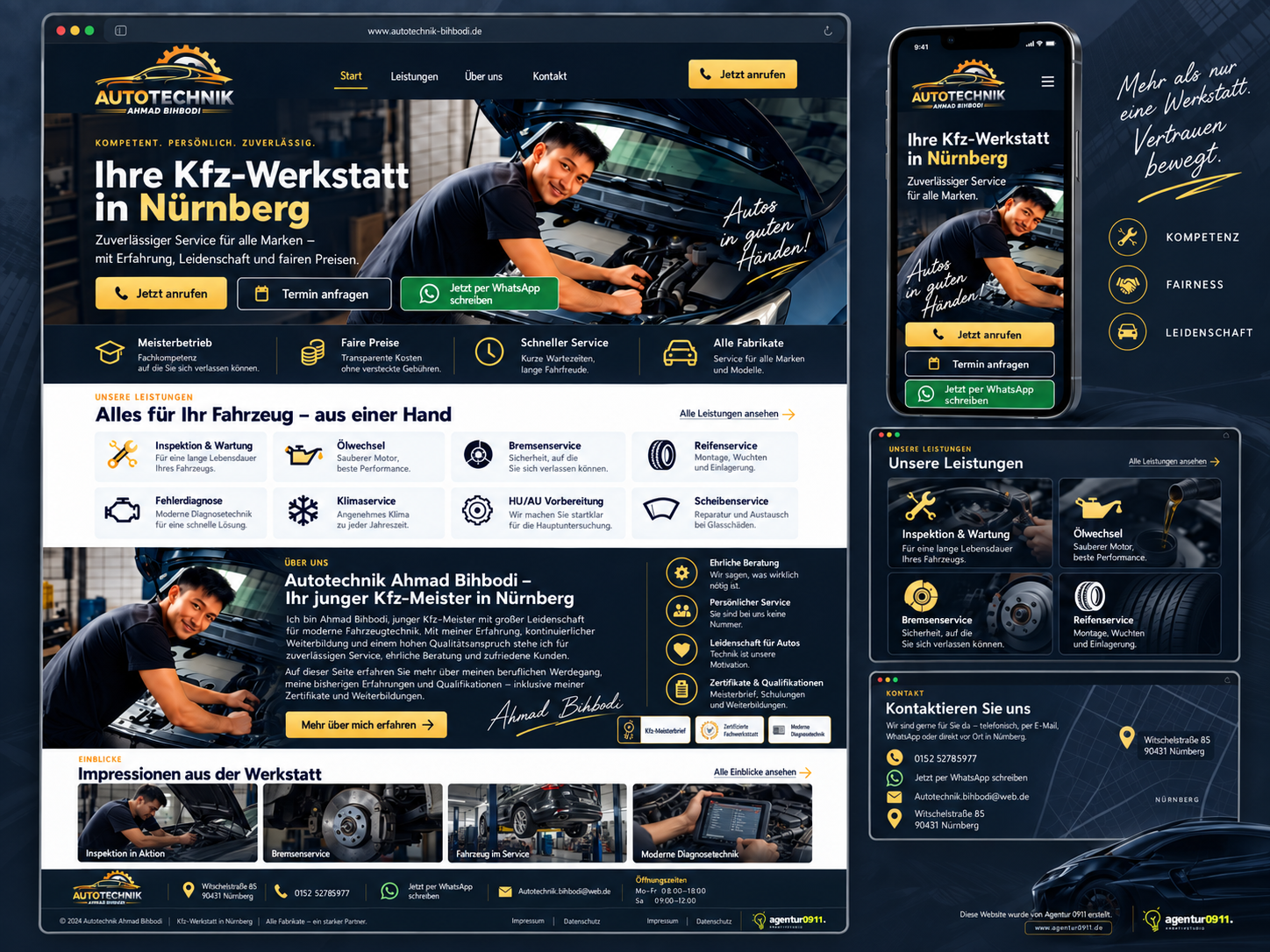Website-Entwurf für Autotechnik Ahmad Bihbodi mit Werkstattansicht auf Desktop und Smartphone