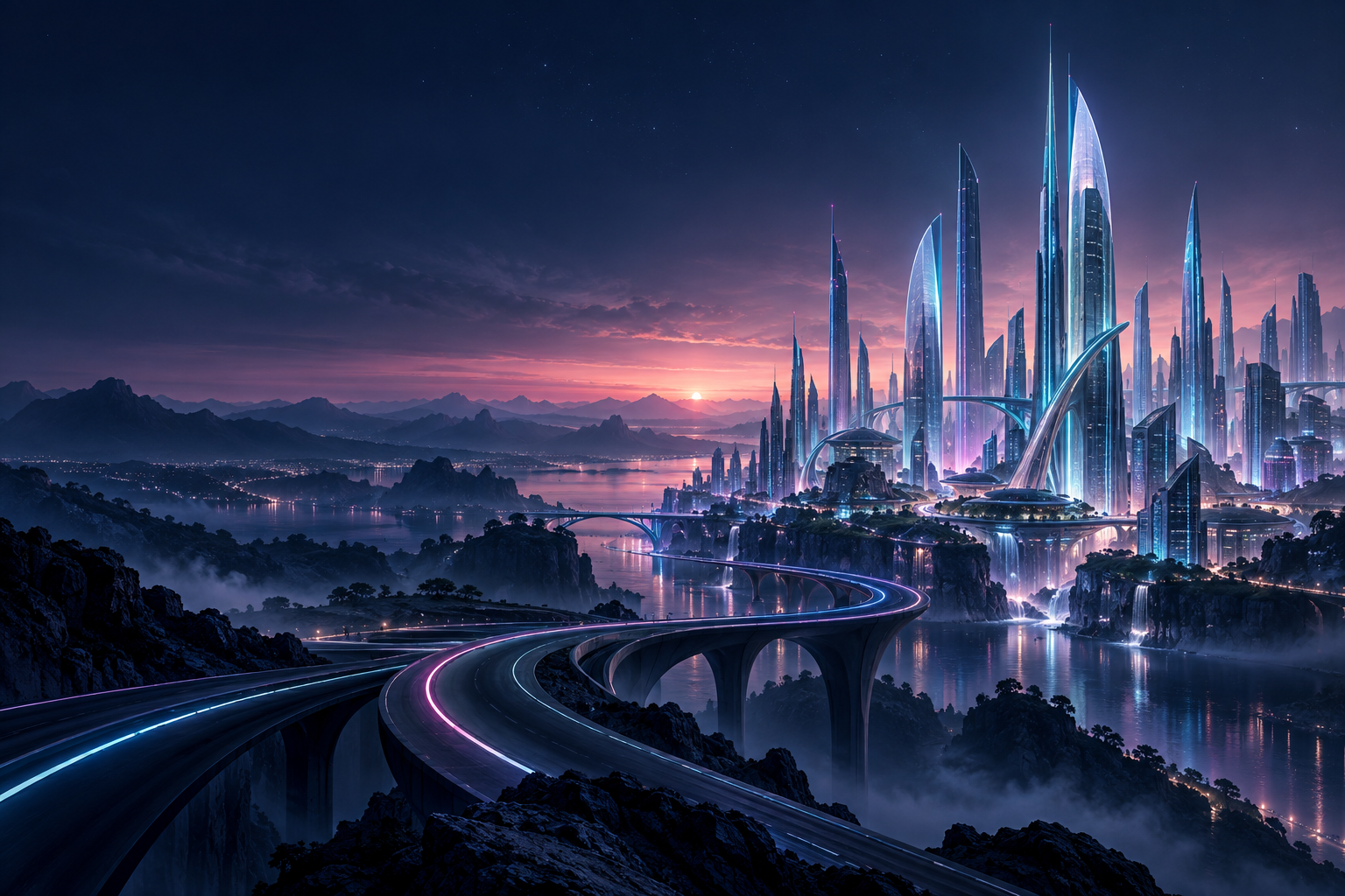 KI-Designstudie: leuchtende Zukunftsstadt in Cyan und Magenta, mit geschwungenen Wegen unter einem nachtblauen Himmel